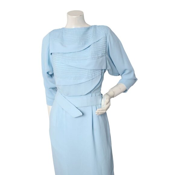 VTG  Handmade Light Blue Maxi Gown Dress Pleated Layered Bodice Billow Sleeve - Picture 6 of 16